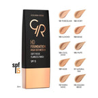 Refect Beauty Golden Rose HD liquid foundation bottle with SPF 15 and a chart showing ten different shade swatches.
