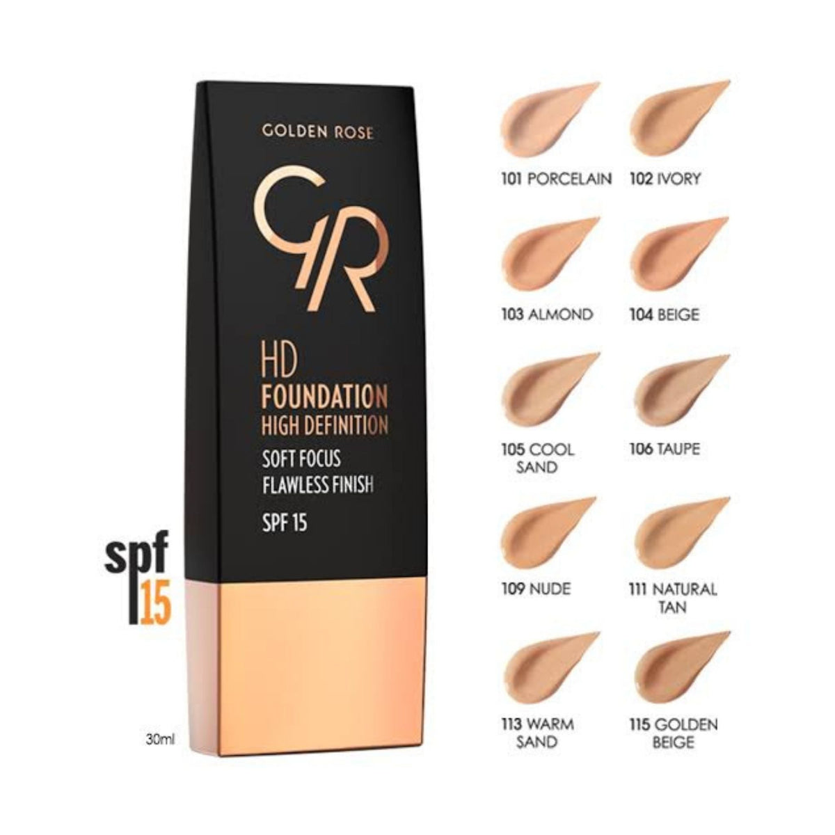 Refect Beauty Golden Rose HD liquid foundation bottle with SPF 15 and a chart showing ten different shade swatches.