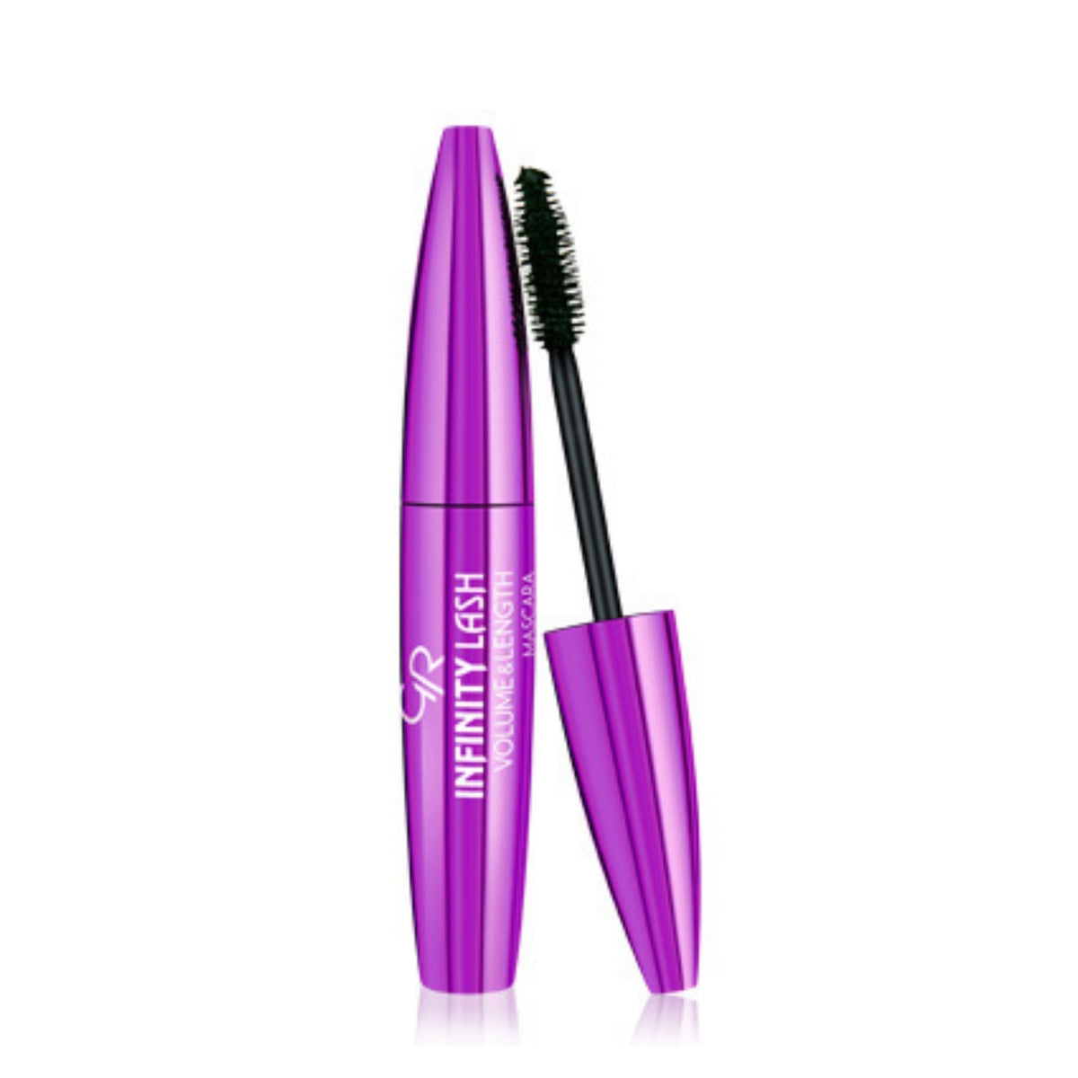 Refect Beauty Golden Rose Infinity Lash black mascara in a vibrant purple tube with its applicator brush exposed.