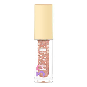 Refect Beauty Golden Rose 3D Mega Shine lip gloss in a clear tube with a metallic gold cap for a high-shine finish. 119