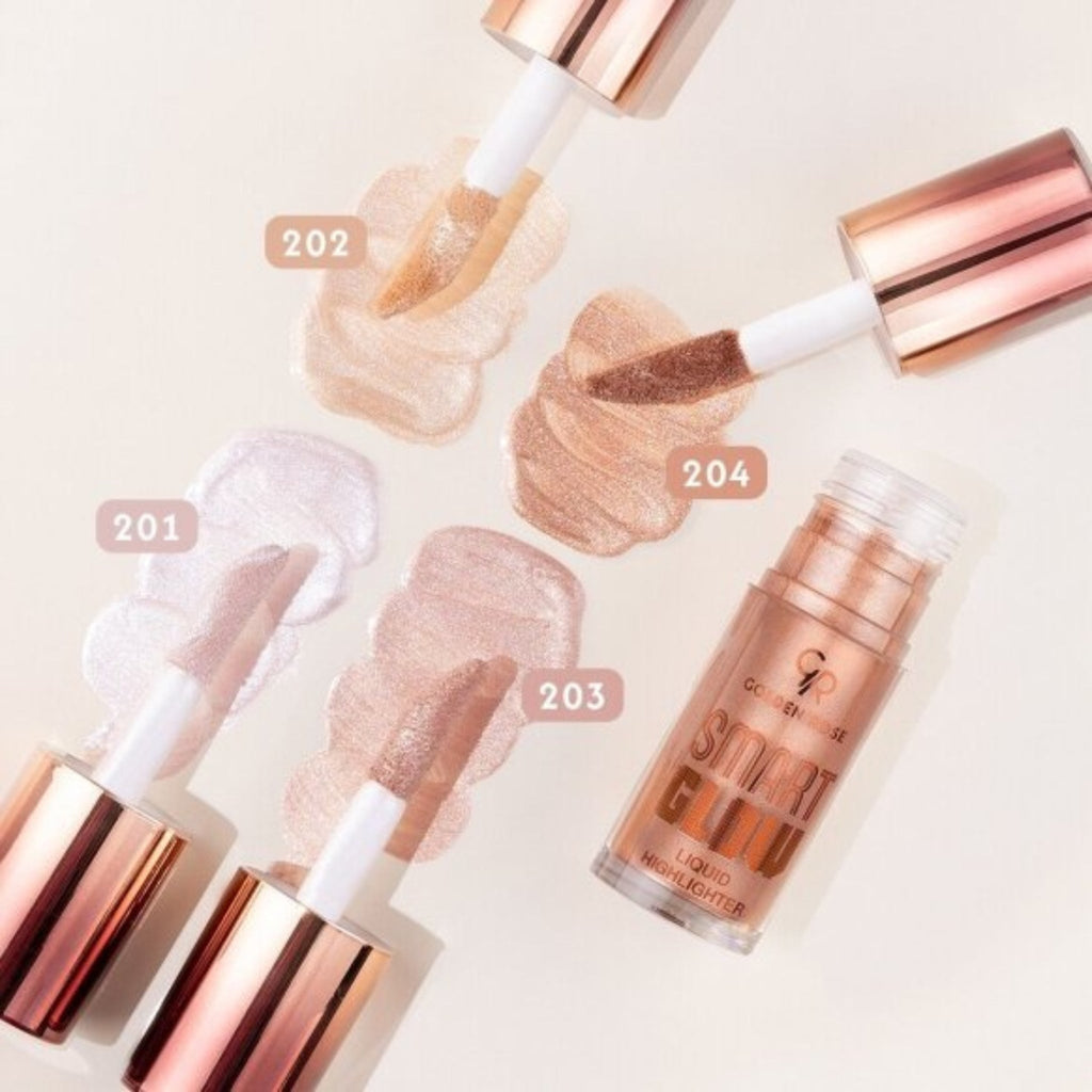 Refect Beauty Golden Rose Smart Liquid Highlighter swatches in shades 201, 202, 203, and 204 with applicator wands