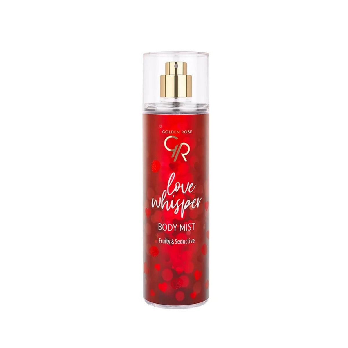 Refect Beauty Golden Rose Love Whisper body mist in a red spray bottle with a gold cap and fruity floral design