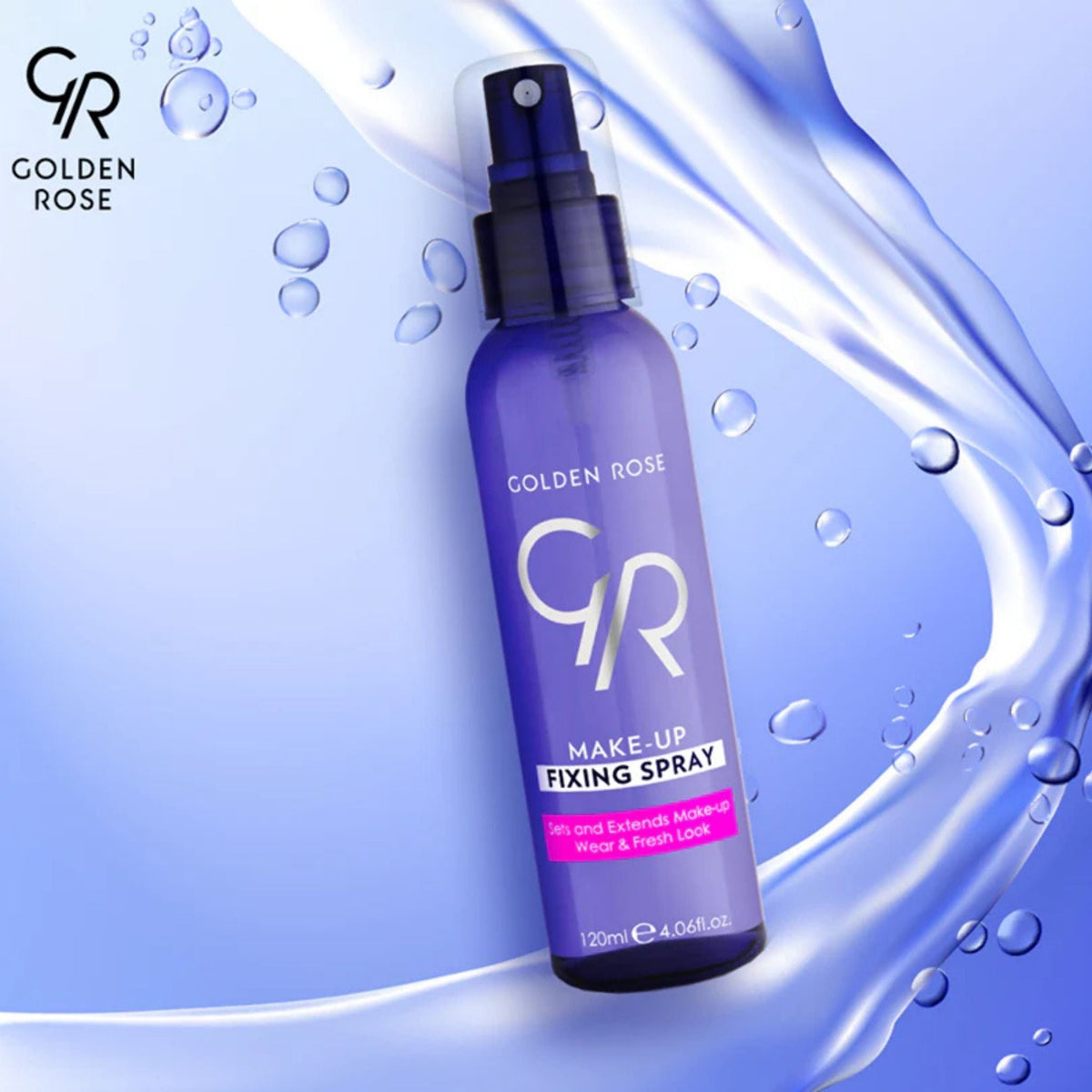 Refect Beauty Golden Rose makeup fixing spray in a purple bottle with a spray nozzle against a water splash background