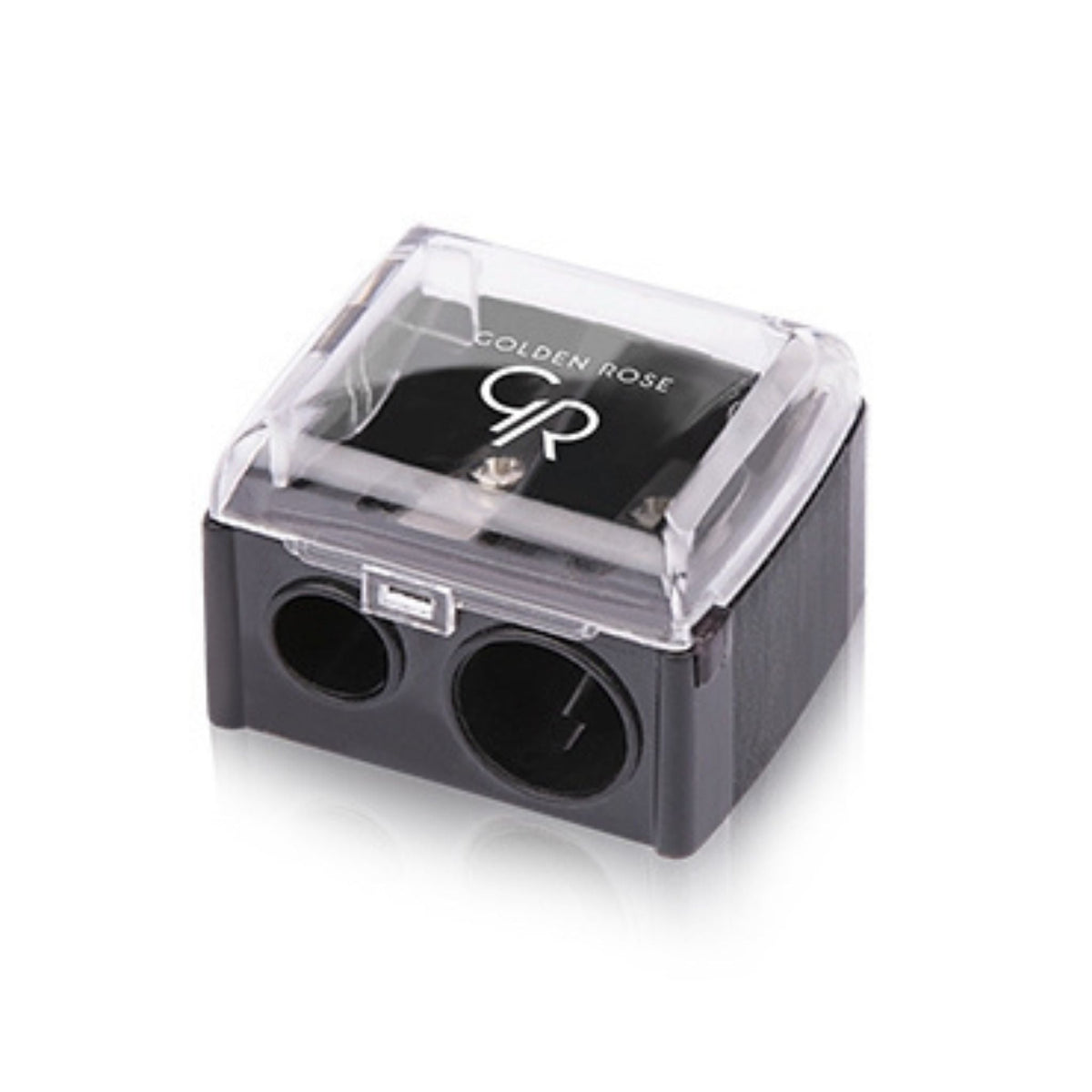 Refect Beauty Golden Rose dual-hole makeup pencil sharpener with a clear protective cover and black plastic body.