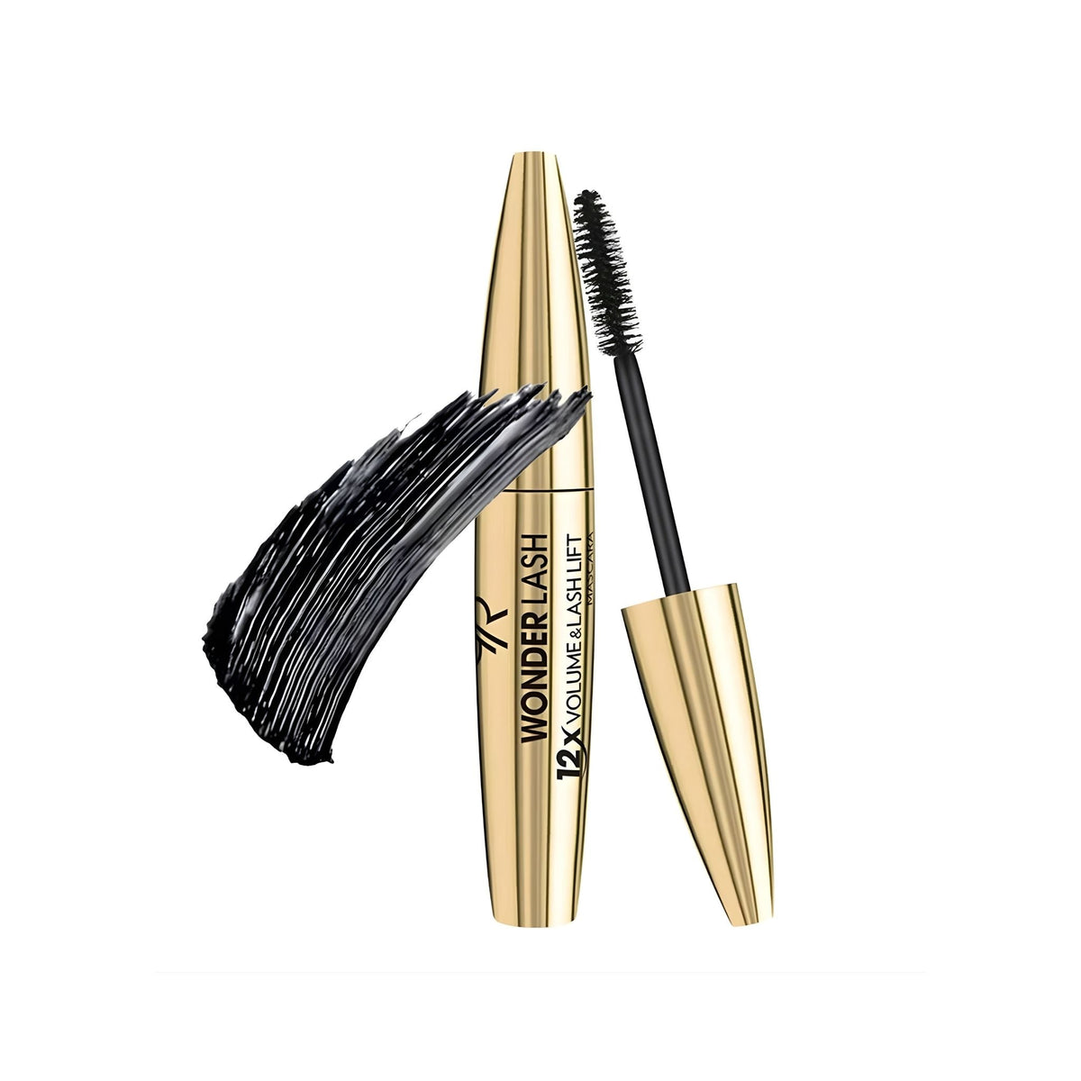Refect Beauty Golden Rose Wonder Lash Mascara in black with a gold tube and fiber brush showing a mascara swatch.