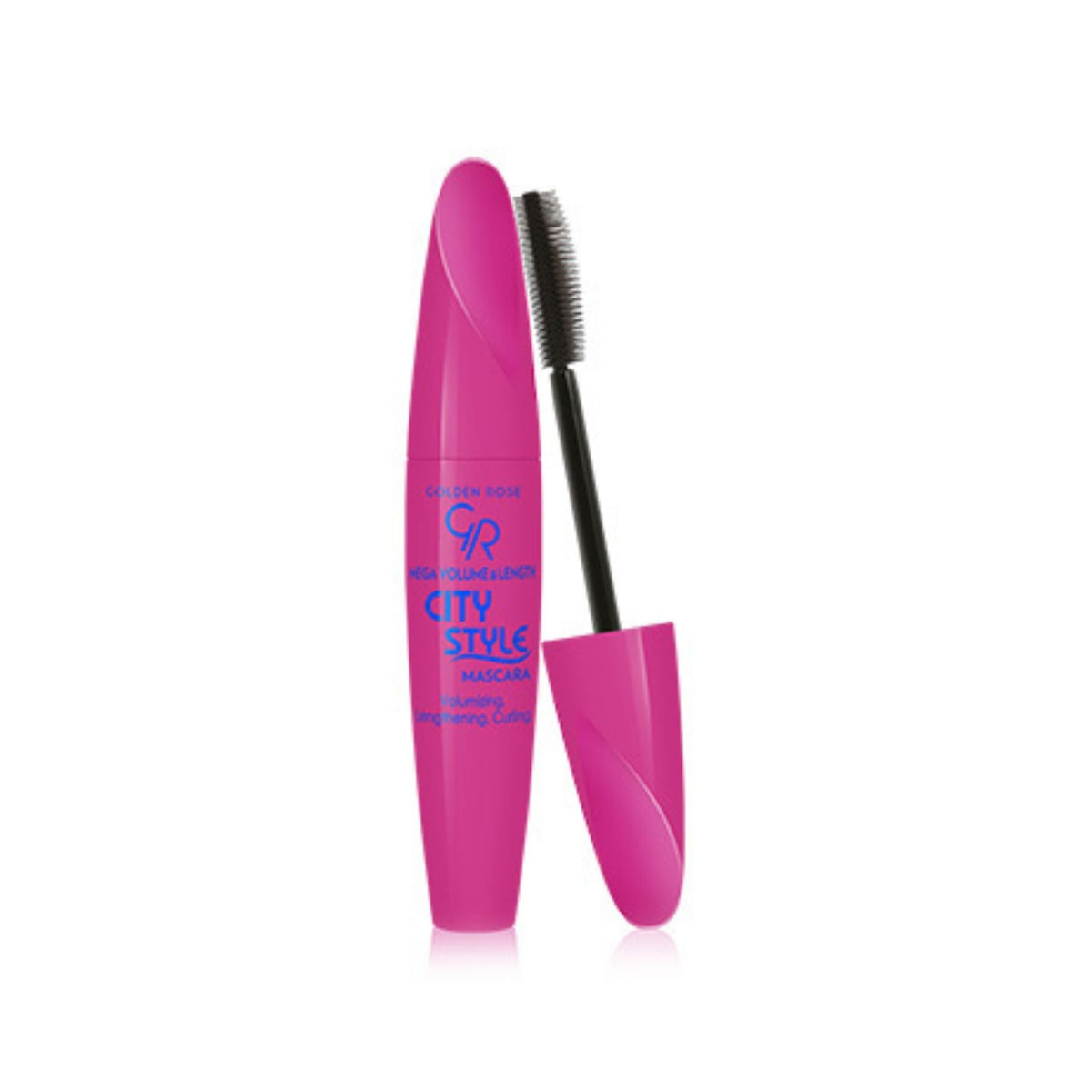 Refect Beauty Golden Rose City Style black mascara in a bright pink tube with a volumizing applicator brush