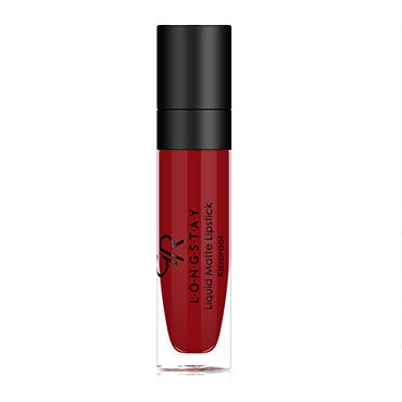 Refect Beauty Golden Rose Longstay liquid matte lipstick in a deep red shade with a black cap and clear tube. 18