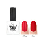 Refect Beauty Golden Rose Matte Top Coat bottle next to a red nail showing a glossy before and matte after finish