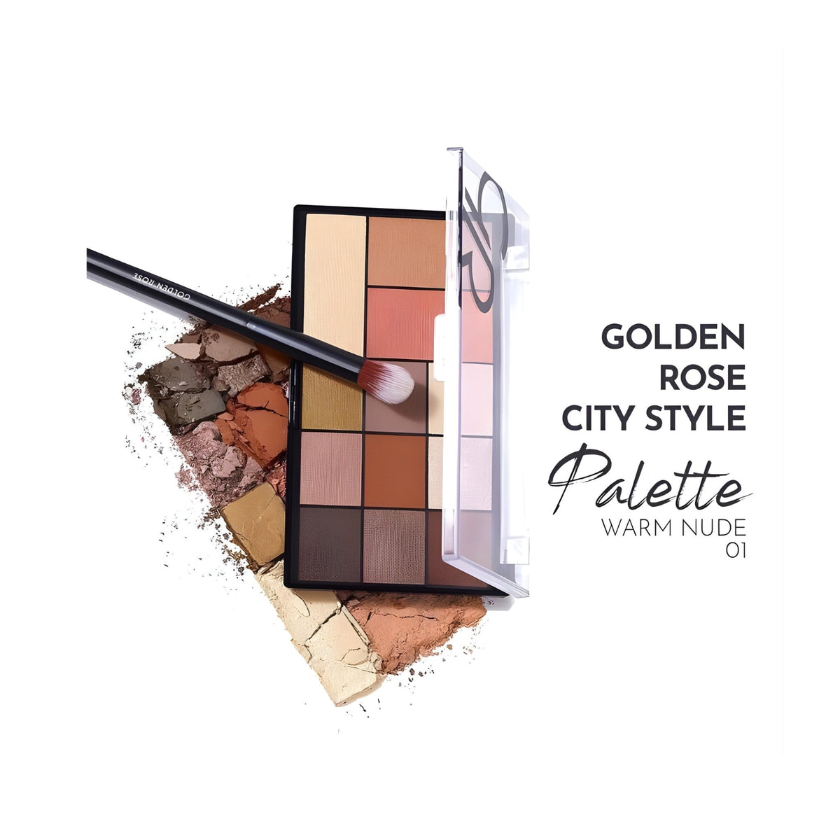 Refect Beauty Golden Rose City Style face and eye palette in warm nude with a makeup brush on a white background