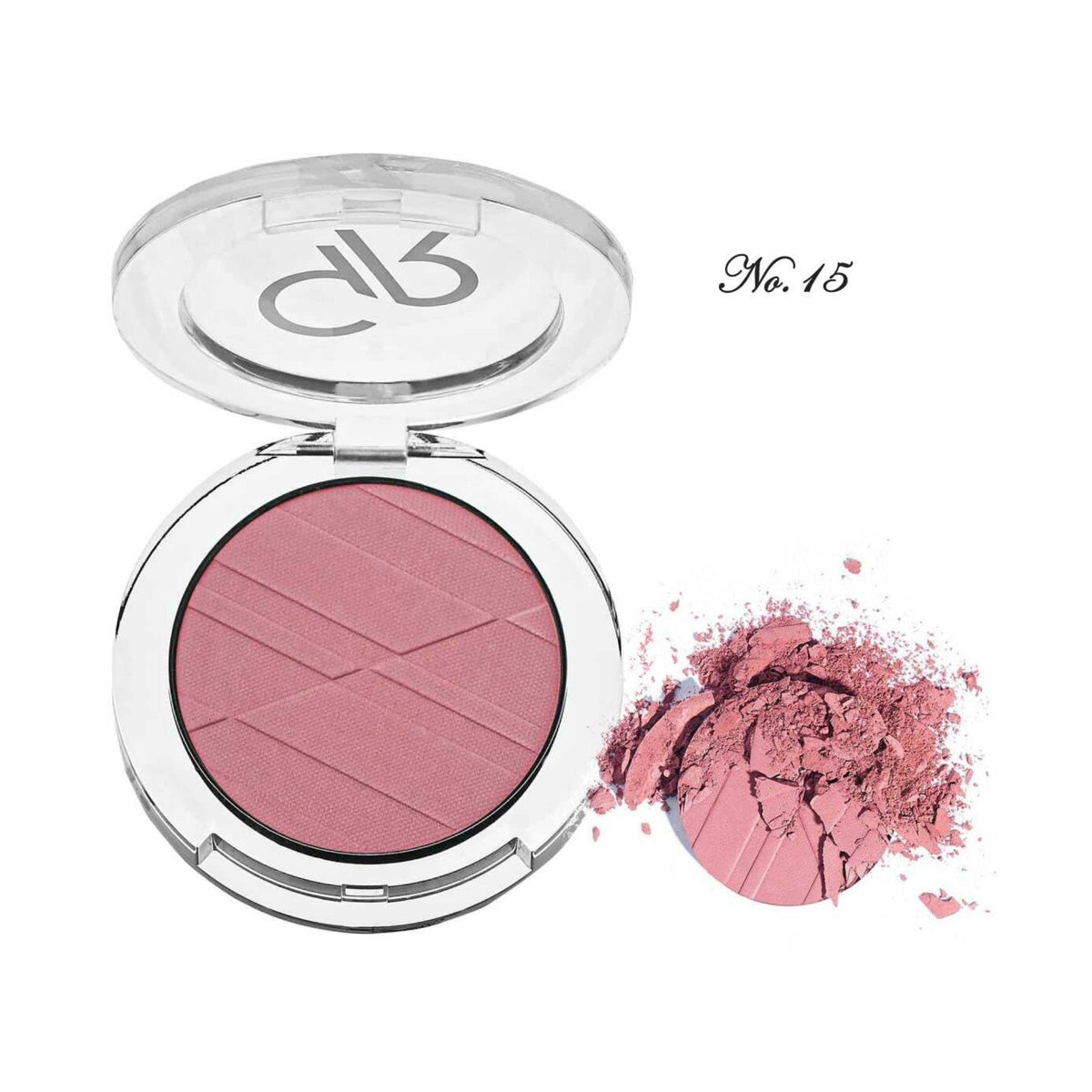 Refect Beauty Golden Rose Powder Blush in shade 15, a silky pink pressed powder in a clear compact with loose pigment