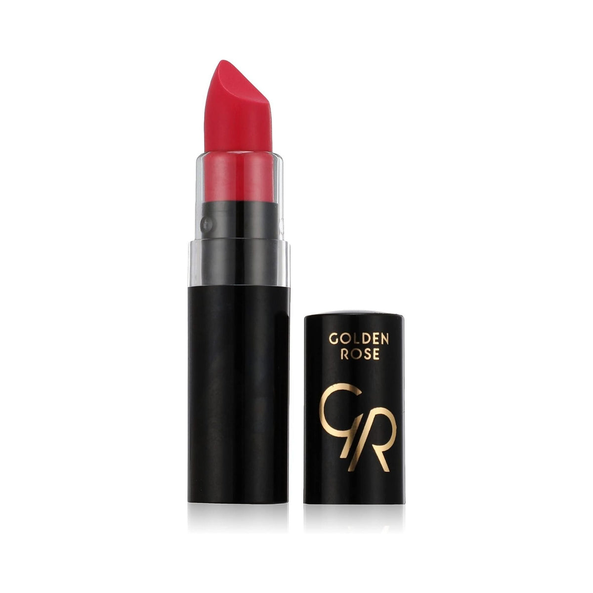 Refect Beauty Golden Rose Vision Lipstick in a vibrant red shade with a sleek black tube and gold logo branding. 108