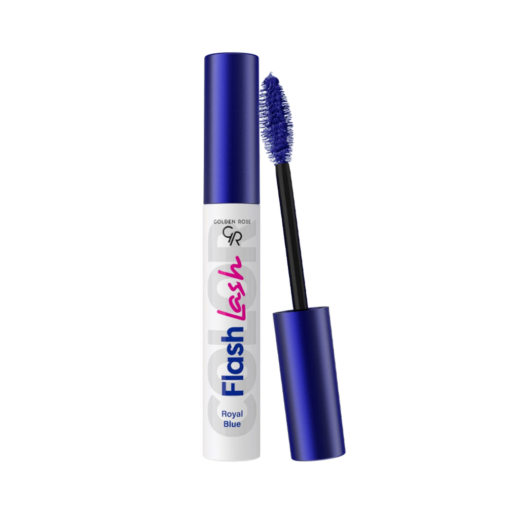Refect Beauty Golden Rose Flash Lash colored mascara in Royal Blue with a fiber brush for lengthening and separation.
