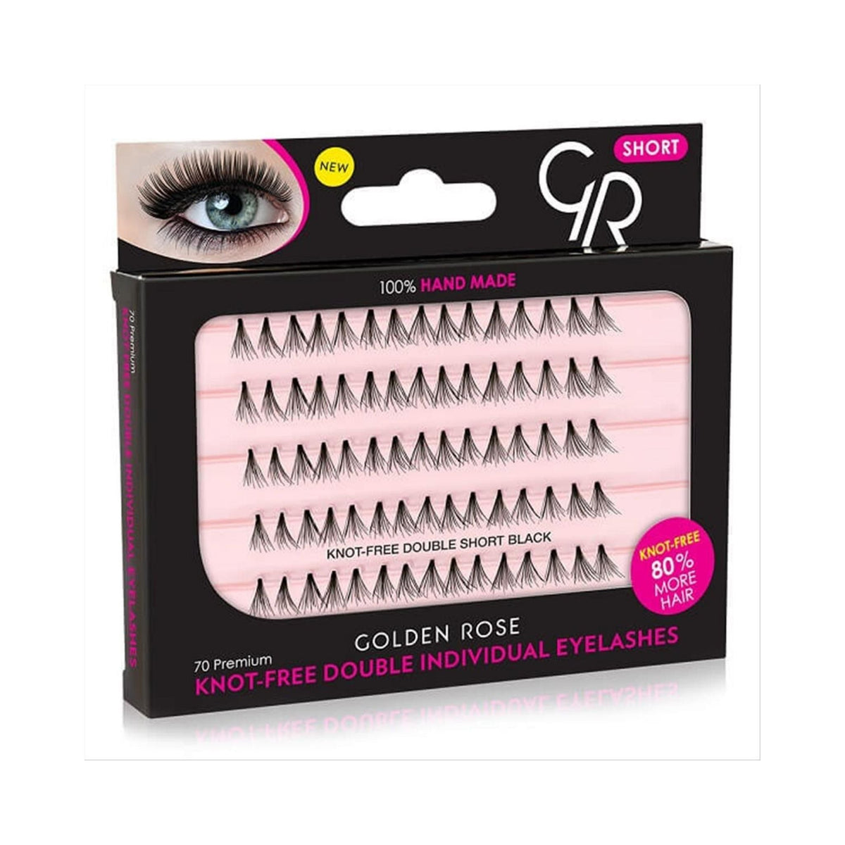 Refect Beauty Golden Rose knot-free short individual black lash clusters in a 70-piece tray for natural volume.