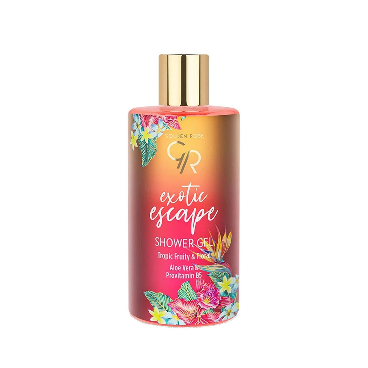 Refect Beauty Golden Rose Exotic Escape shower gel in a pink and orange bottle with tropical floral and fruit design.
