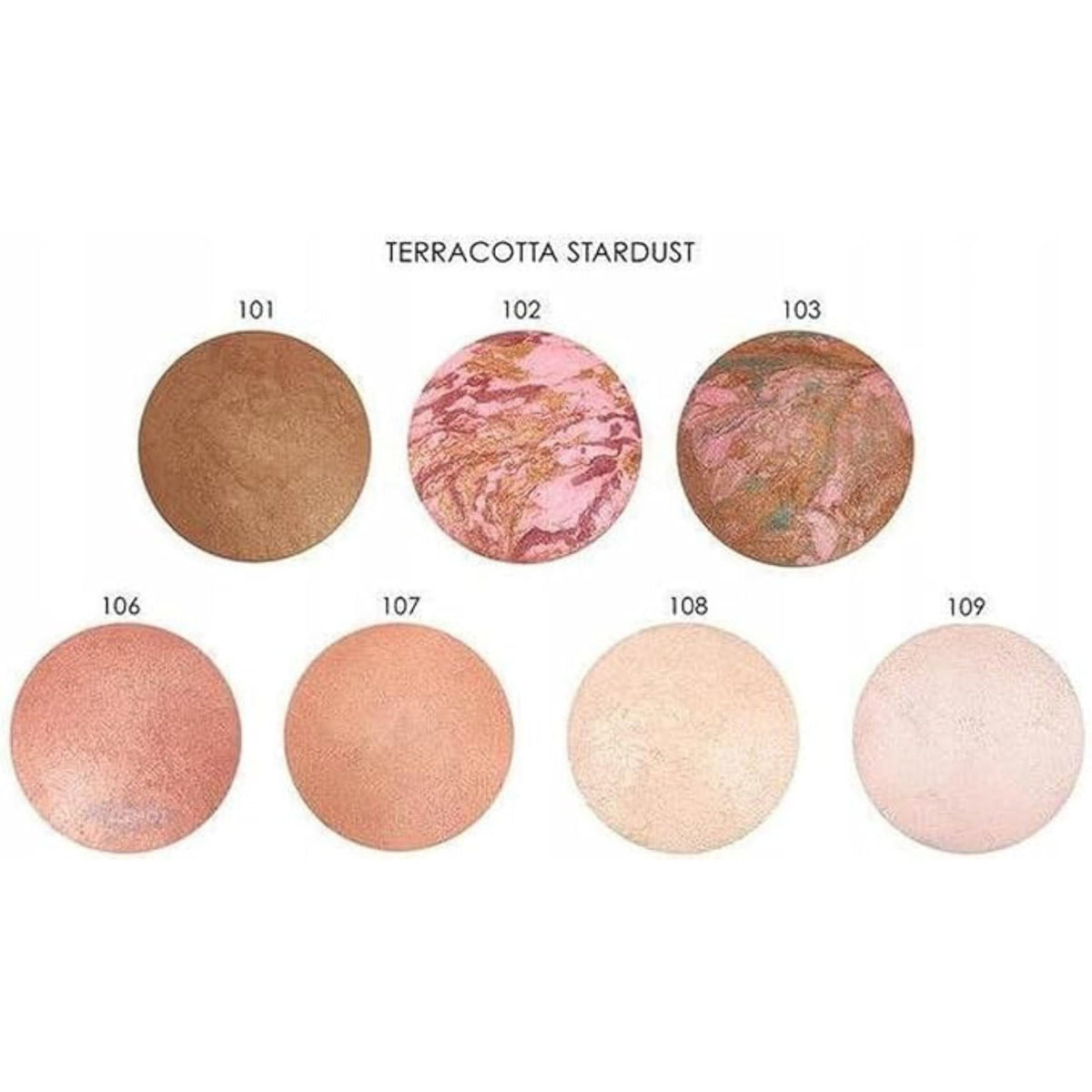 Refect Beauty Golden Rose Terracotta Stardust bronzer shades 101 to 109 showing various shimmering baked powder tones