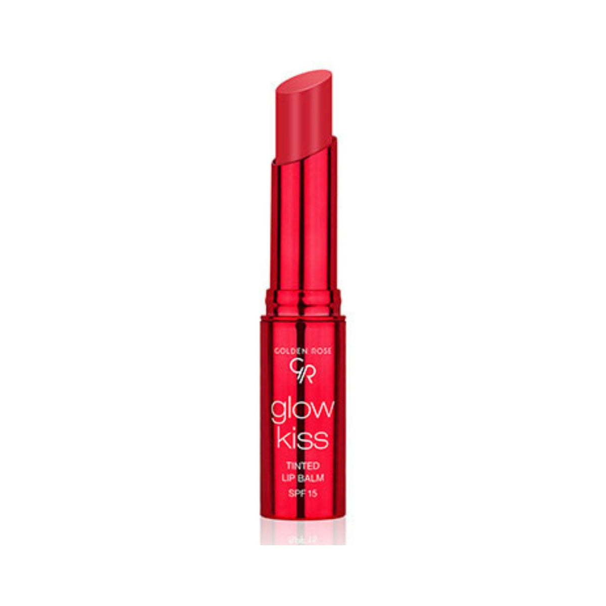 Refect Beauty Golden Rose Glow Kiss tinted lip balm in a vibrant red tube with a glossy finish and SPF 15 protection. 02