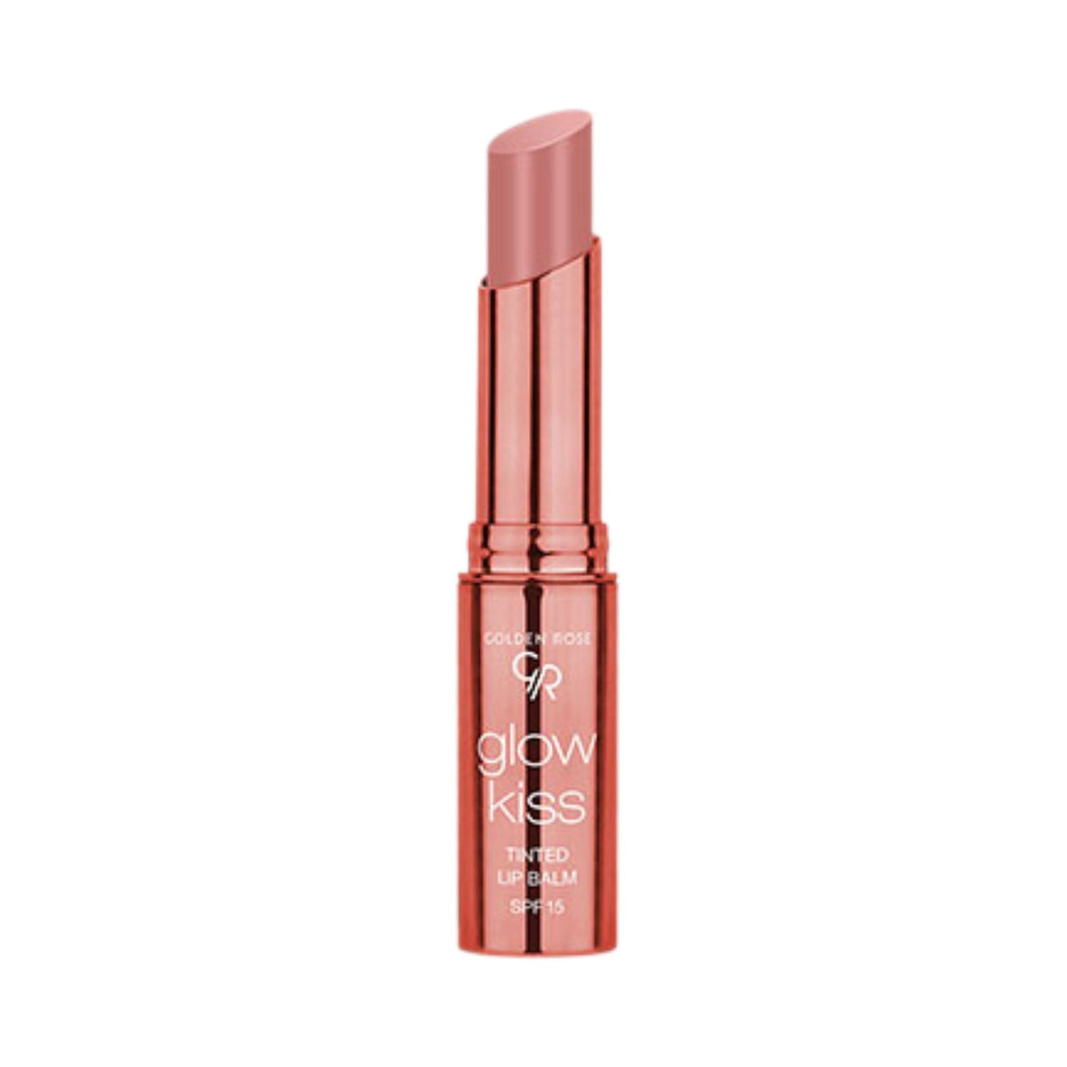 Refect Beauty Golden Rose Glow Kiss tinted lip balm in a rose-toned shade with a glossy finish and metallic tube 01