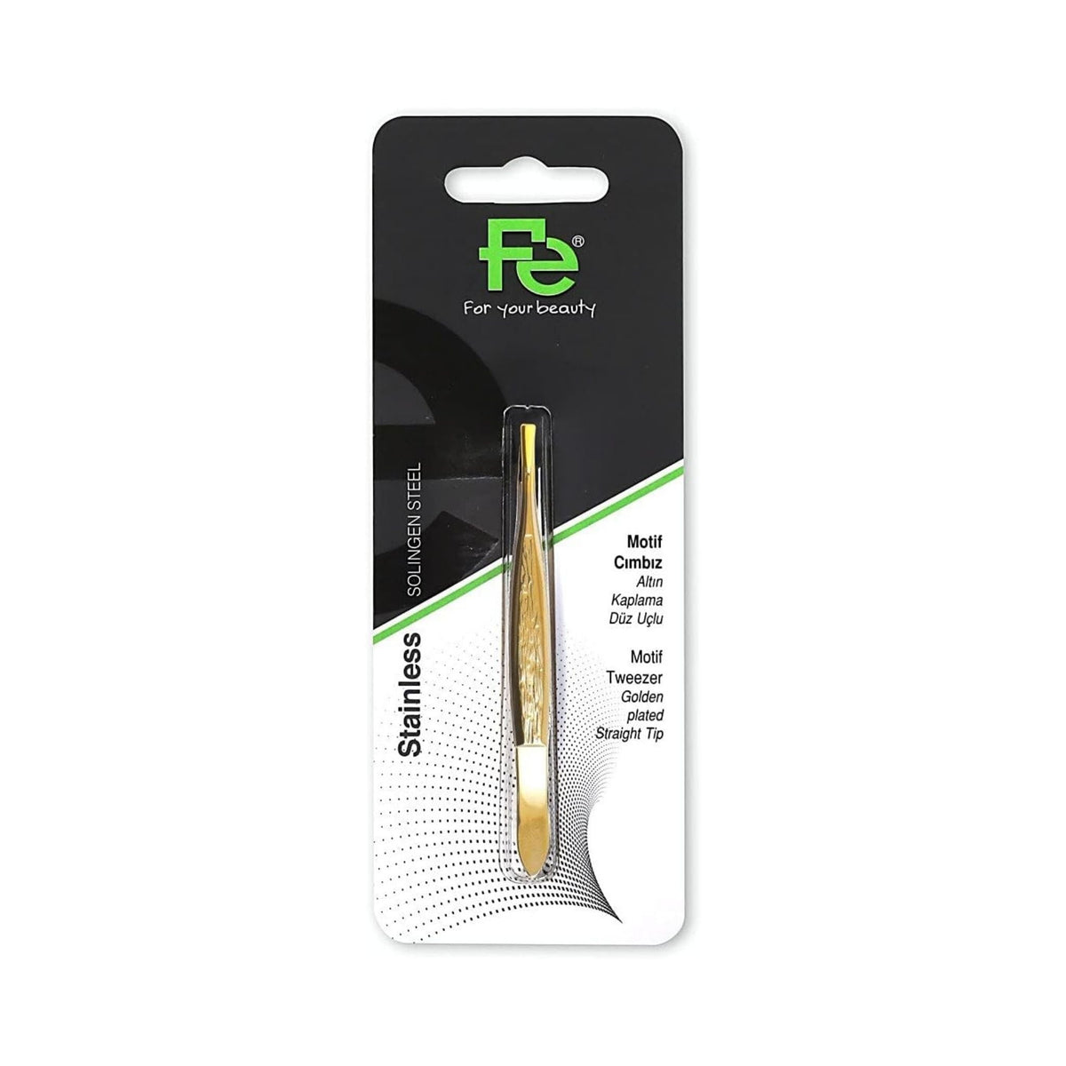 Refect Beauty Fe Motif golden plated straight tip stainless steel eyebrow tweezers in retail packaging
