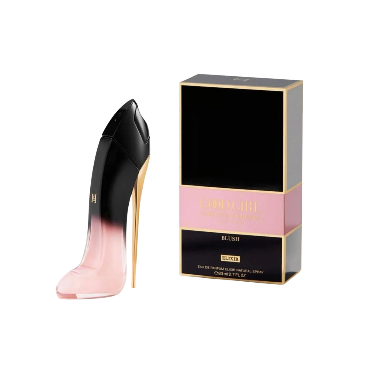 Refect Beauty Carolina Herrera Good Girl Blush Elixir perfume bottle shaped like a stiletto heel next to its box.