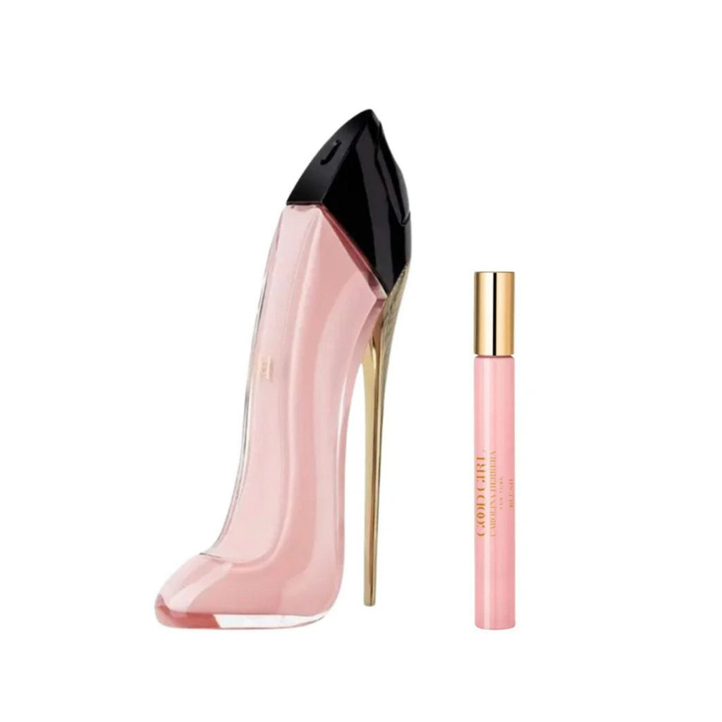 Refect Beauty Carolina Herrera Good Girl Blush perfume set with a stiletto-shaped bottle and a travel spray.