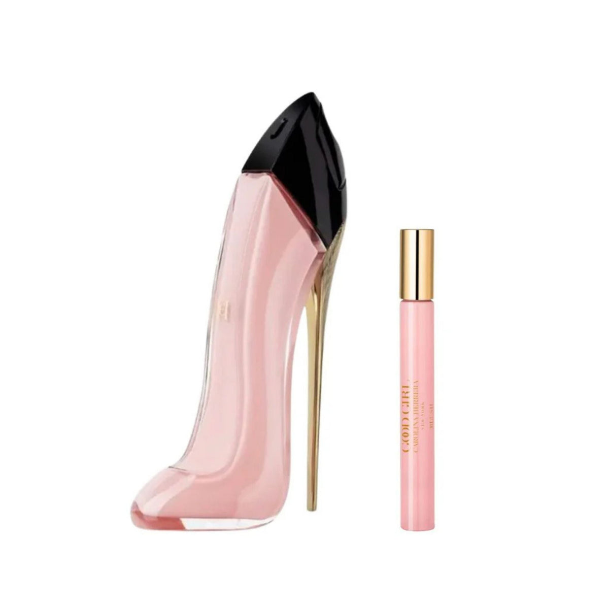 Refect Beauty Carolina Herrera Good Girl Blush perfume set with a stiletto-shaped bottle and a travel spray.