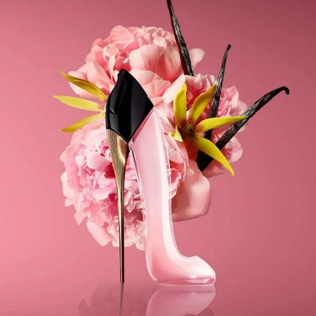 Refect Beauty Carolina Herrera Good Girl Blush perfume bottle shaped like a pink stiletto heel with floral accents