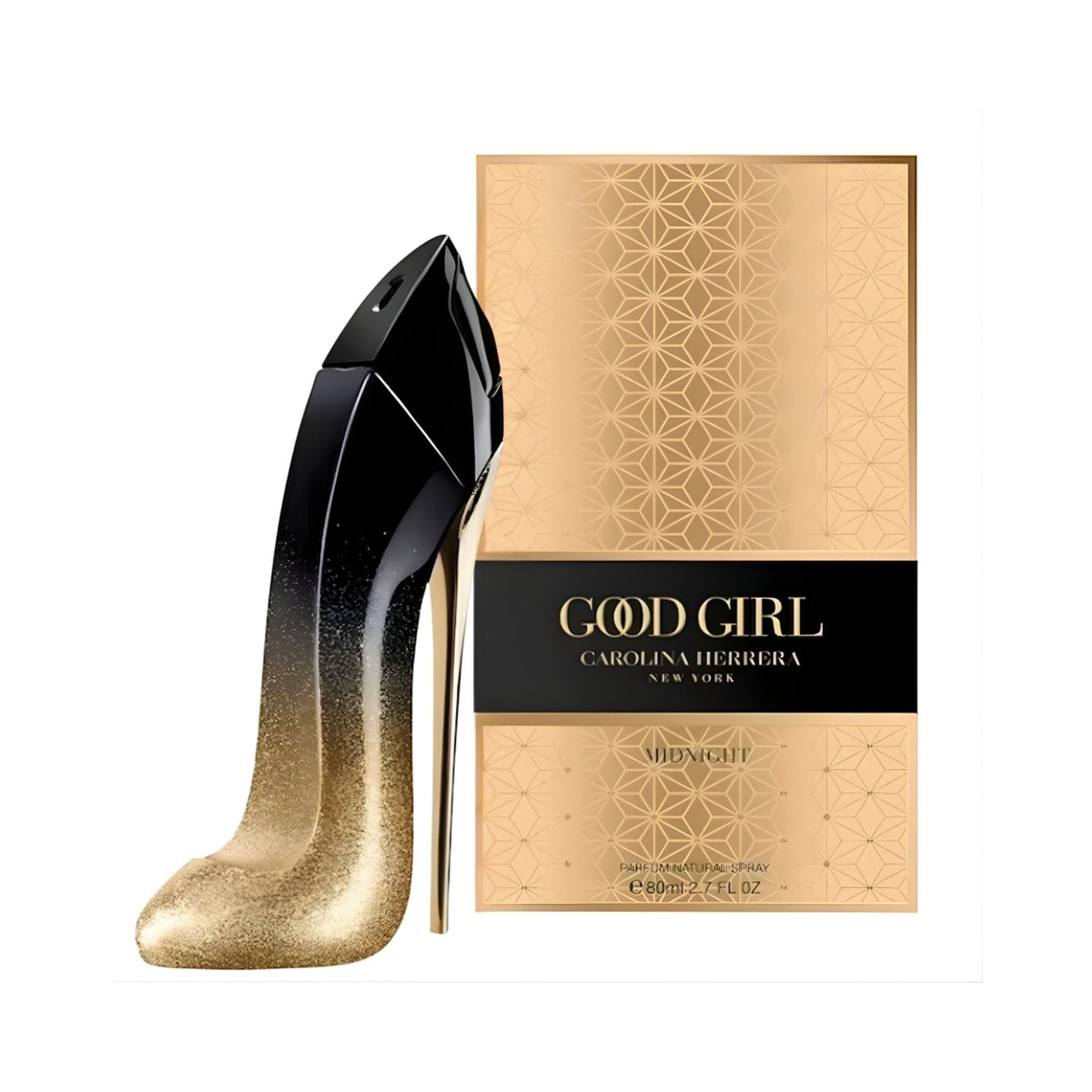 Refect Beauty Carolina Herrera Good Girl Midnight perfume bottle in a stiletto shape with gold glitter and box.