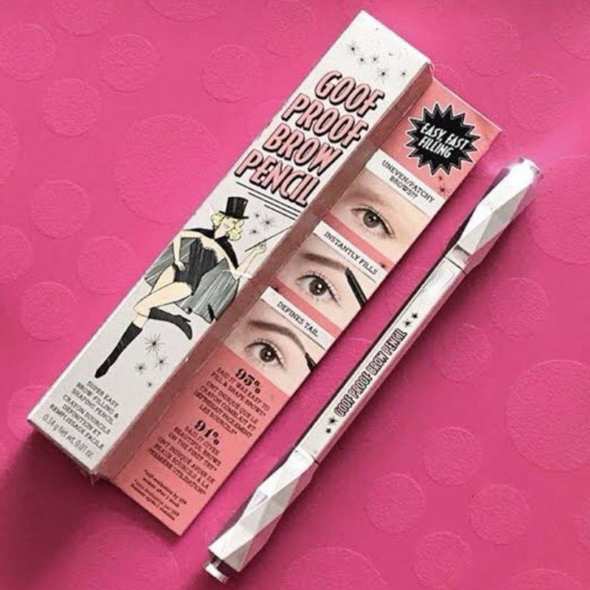 Refect Beauty Benefit Cosmetics Goof Proof Brow Pencil in silver packaging with illustrated box on pink background