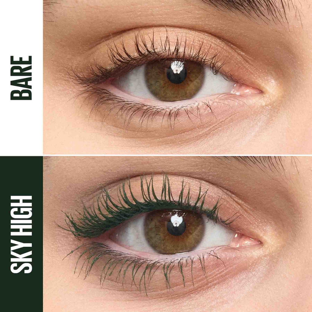 Refect Beauty Maybelline Sky High mascara in Green Altitude showing a before and after comparison of lash volume