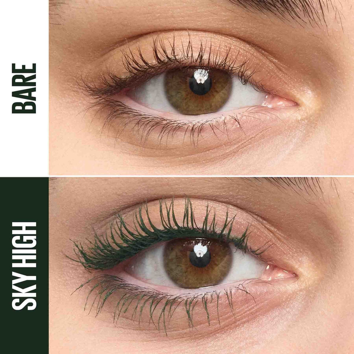 Refect Beauty Maybelline Sky High mascara in Green Altitude showing a before and after comparison of lash volume