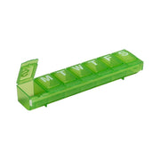 Refect Beauty 7-day pill organizer in translucent green plastic with easy-open lids and daily labels for medication