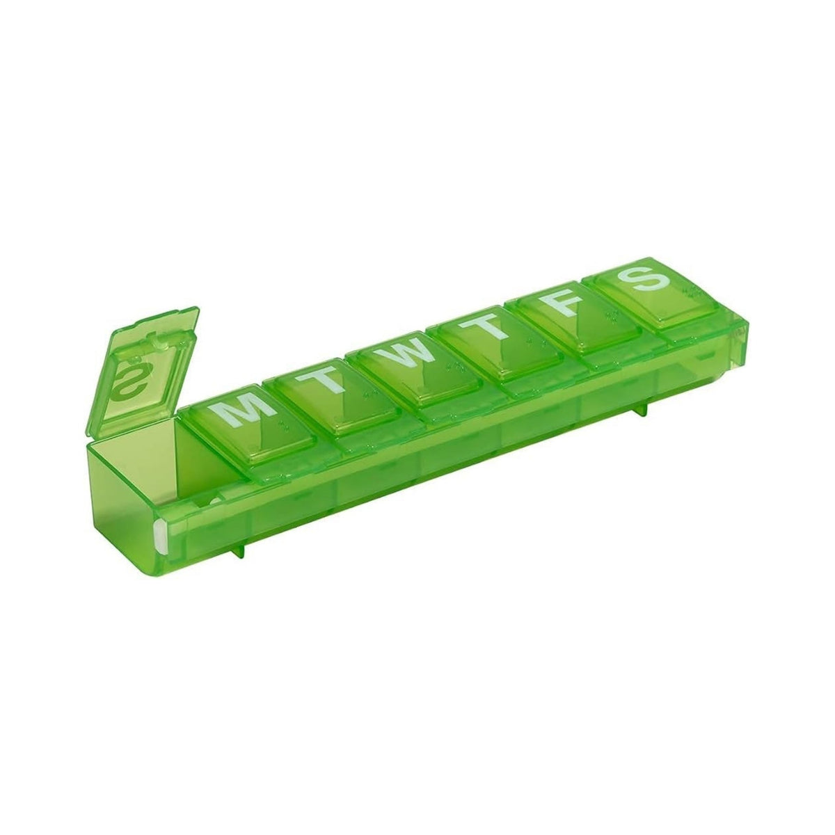 Refect Beauty 7-day pill organizer in translucent green plastic with easy-open lids and daily labels for medication