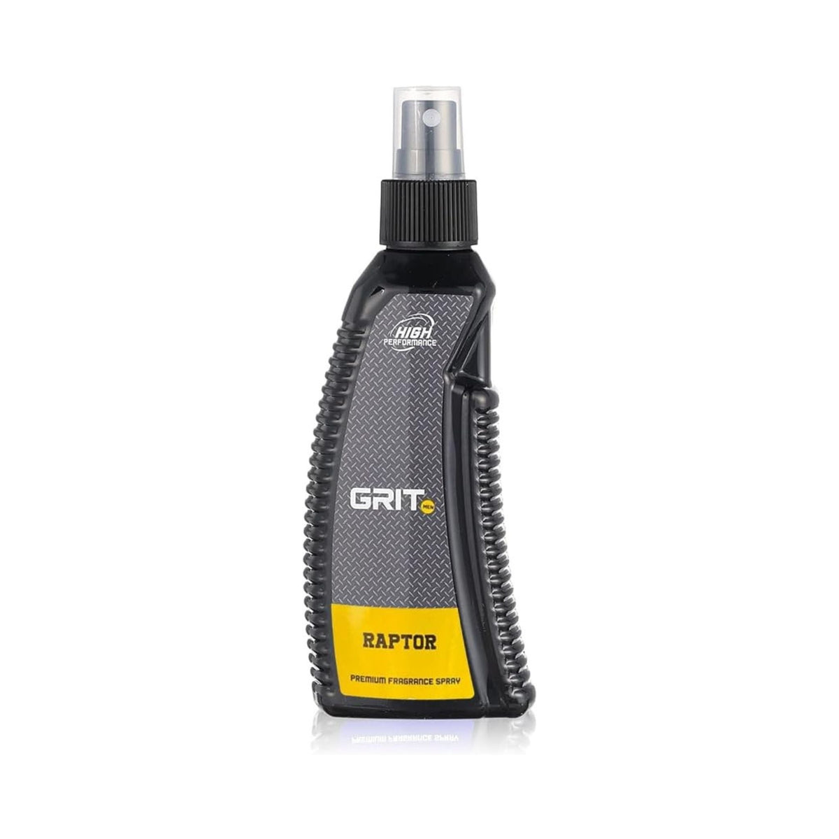 Refect Beauty Grit Raptor premium fragrance body spray for men in a black ergonomic bottle with yellow label.