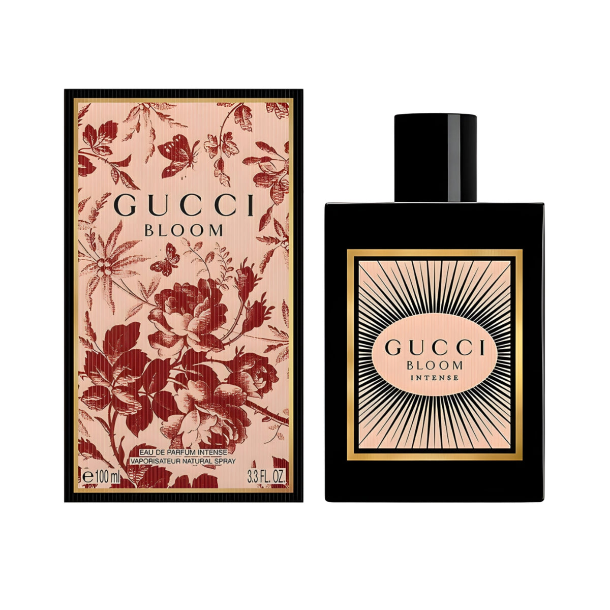 Refect Beauty Gucci Bloom Eau de Parfum Intense bottle and floral patterned box featuring jasmine and tuberose notes