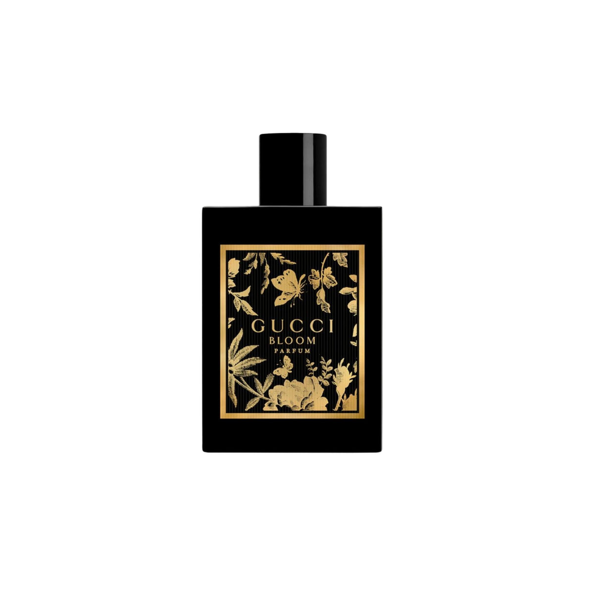 Refect Beauty Gucci Bloom Parfum bottle in black with gold floral and butterfly illustration on a white background.