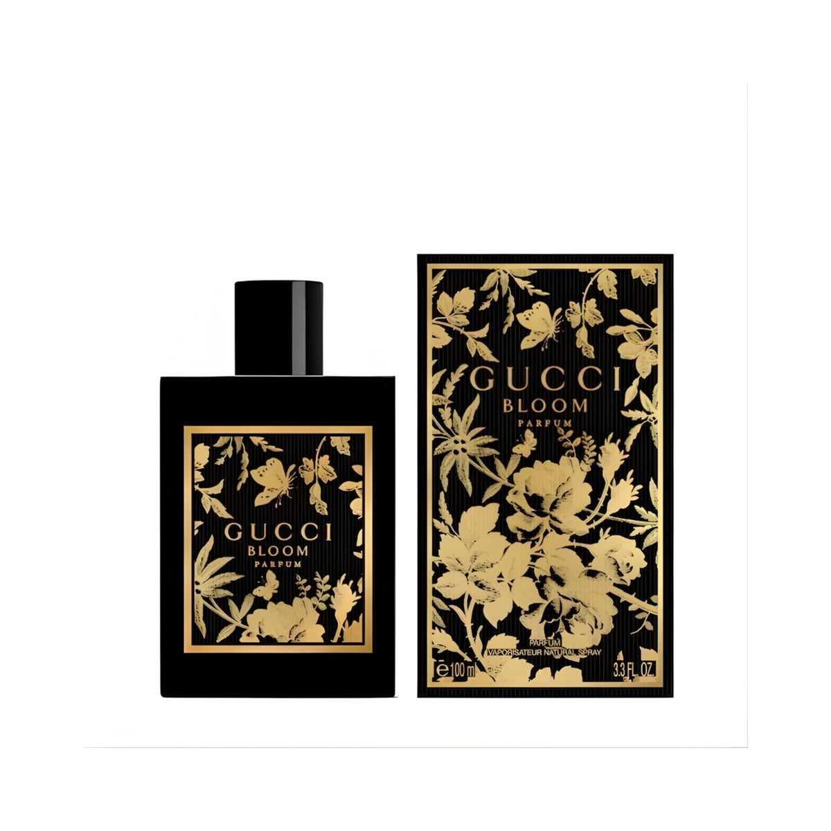 Refect Beauty Gucci Bloom Parfum bottle and floral gold-on-black box packaging for an intense feminine fragrance