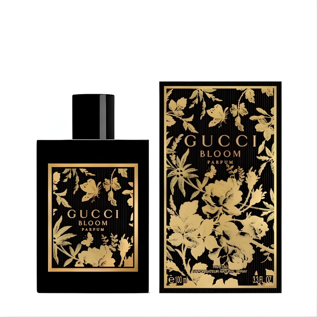 Refect Beauty Gucci Bloom Parfum bottle and box featuring a black and gold floral design with elegant white floral notes.