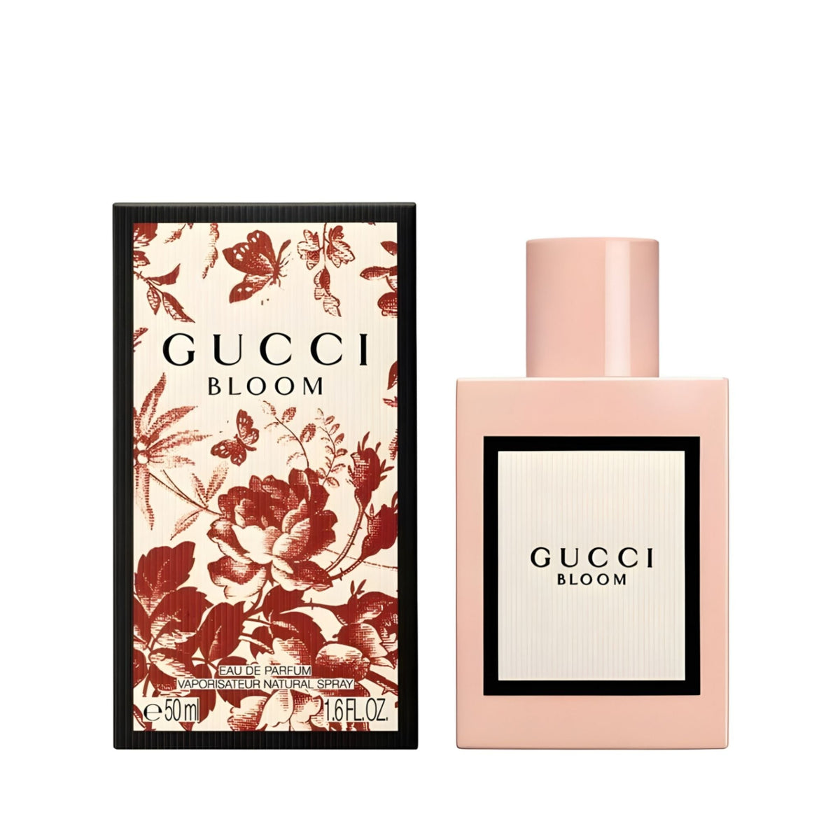 Refect Beauty Gucci Bloom Eau de Parfum bottle and floral print box featuring tuberose and jasmine floral notes