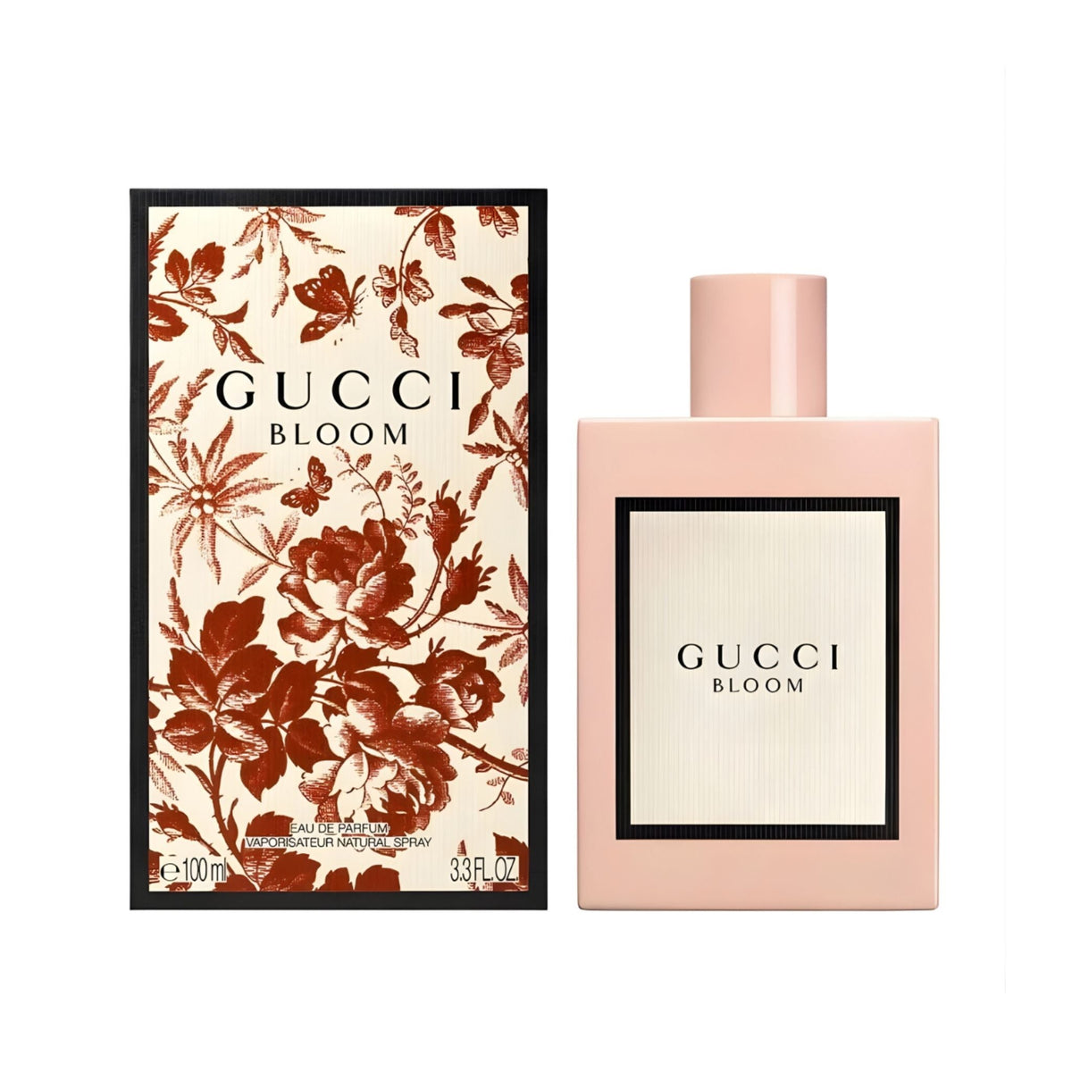 Refect Beauty Gucci Bloom Eau de Parfum bottle and floral patterned box featuring a white and red botanical design.
