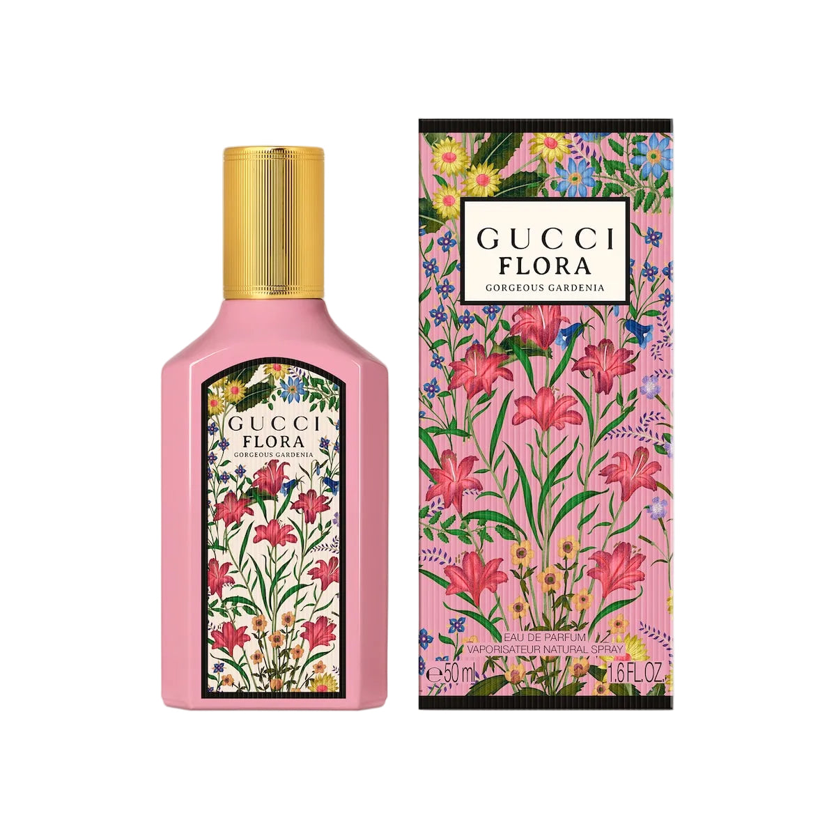 Refect Beauty Gucci Flora Gorgeous Gardenia perfume bottle and floral patterned box with a pink and gold design.