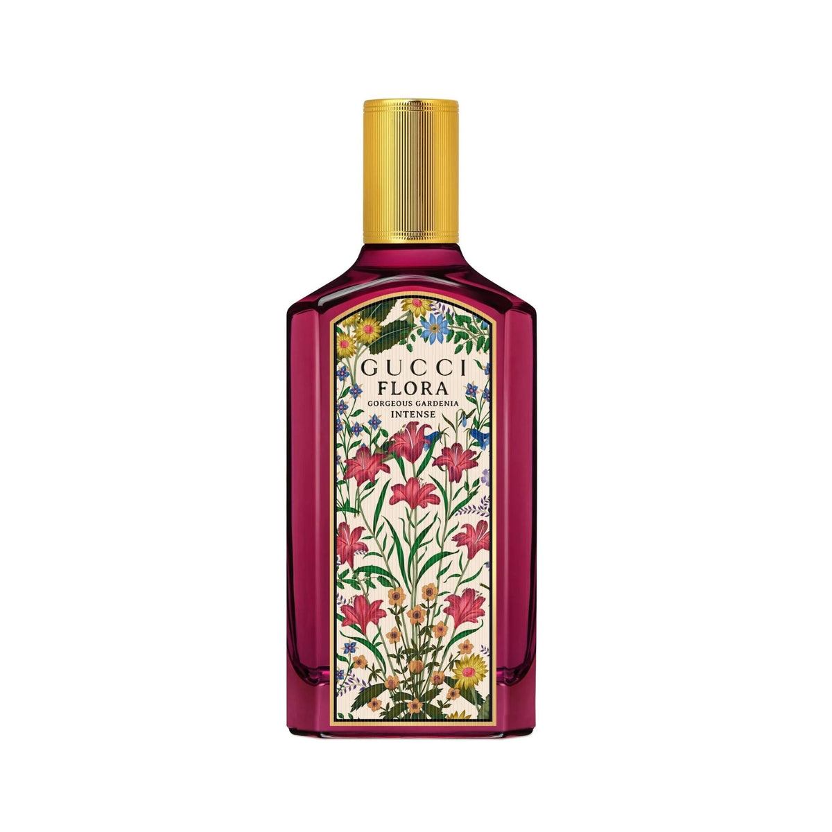 Refect Beauty Gucci Flora Gorgeous Gardenia Intense perfume bottle with deep pink glass and floral label