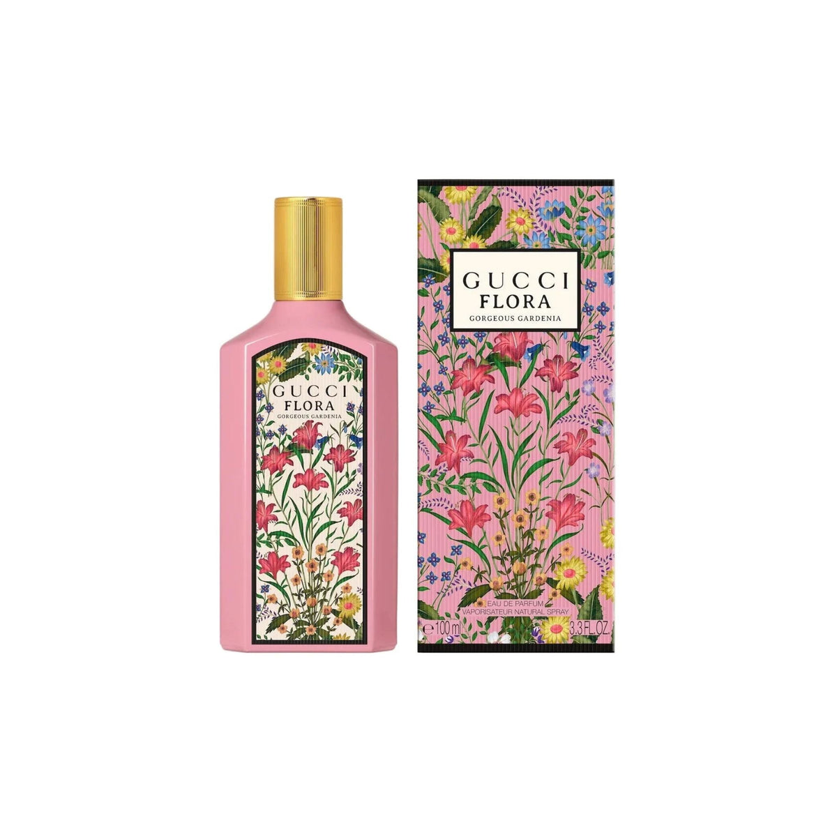Refect Beauty Gucci Flora Gorgeous Gardenia Eau de Parfum bottle and floral patterned box on a white background.
