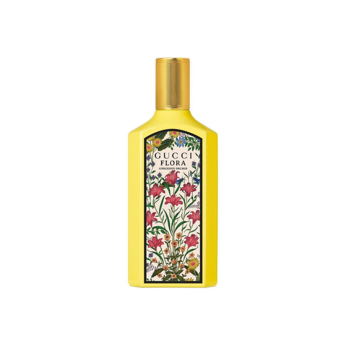 Refect Beauty Gucci Flora Gorgeous Orchid Eau de Parfum in a vibrant yellow bottle with floral botanical print