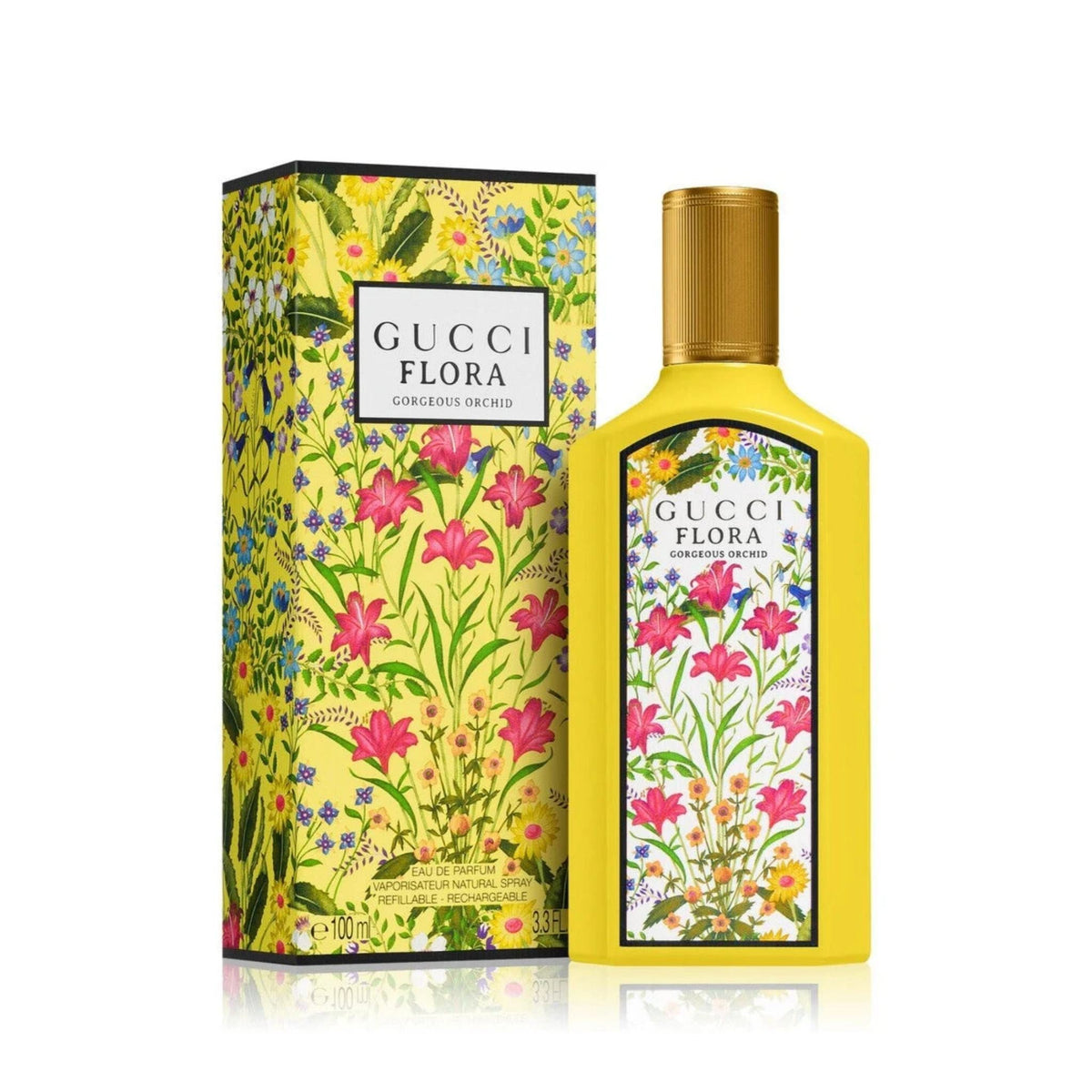 Refect Beauty Gucci Flora Gorgeous Orchid Eau de Parfum bottle and floral patterned box on a white background