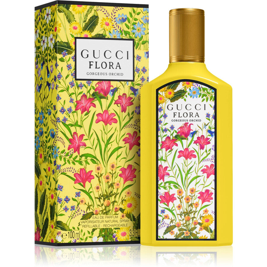 Refect Beauty Gucci Flora Gorgeous Orchid Eau de Parfum bottle and floral patterned box with yellow accents