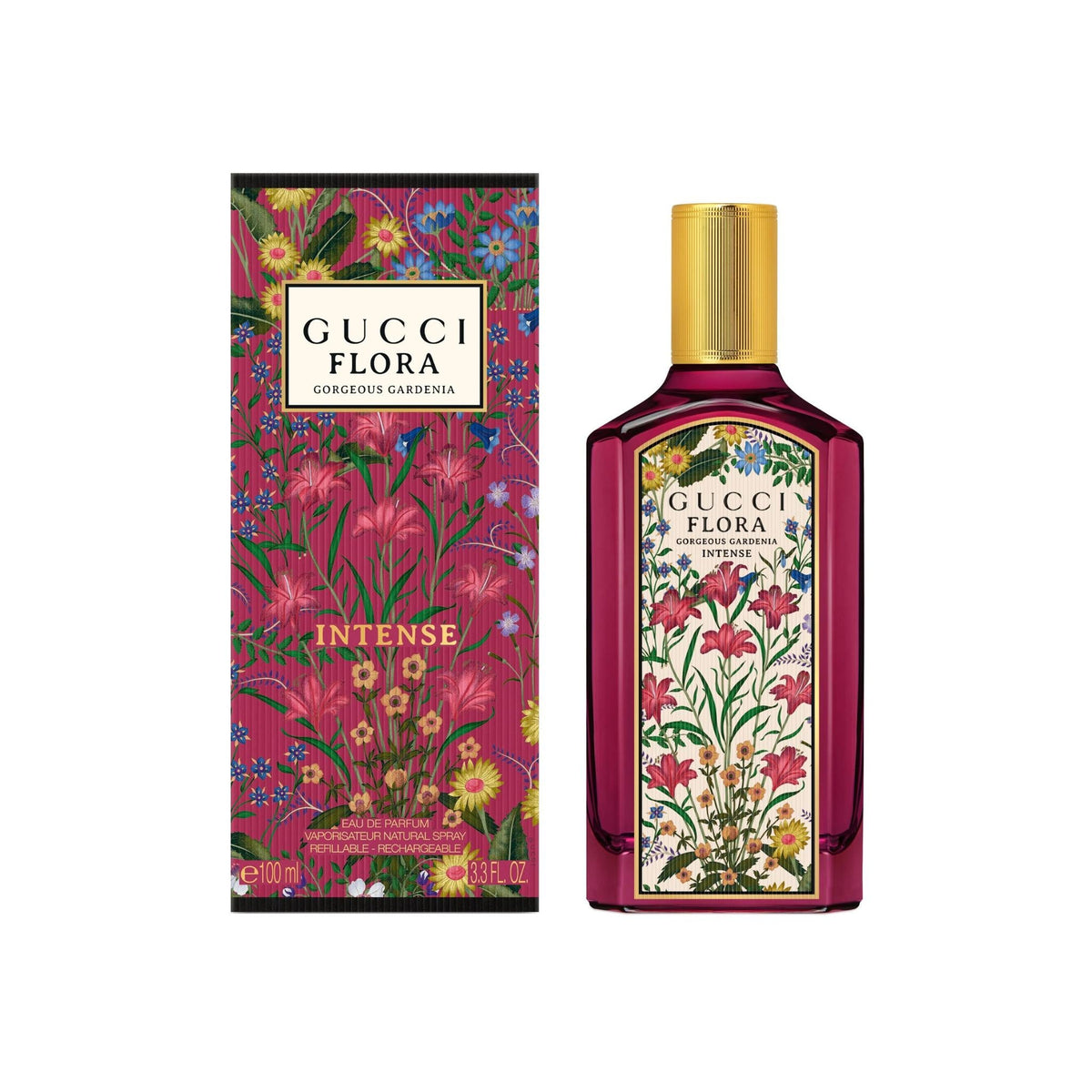 Refect Beauty Gucci Flora Gorgeous Gardenia Intense perfume bottle and floral patterned box on white background