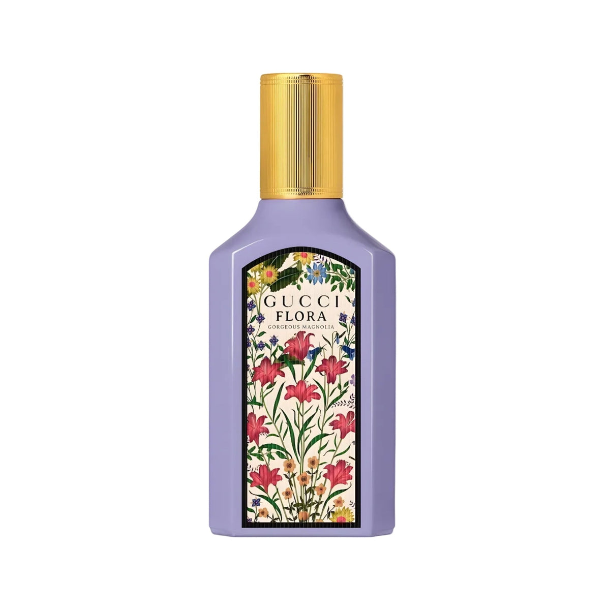 Refect Beauty Gucci Flora Gorgeous Magnolia eau de parfum in a purple bottle with a floral label and gold cap.