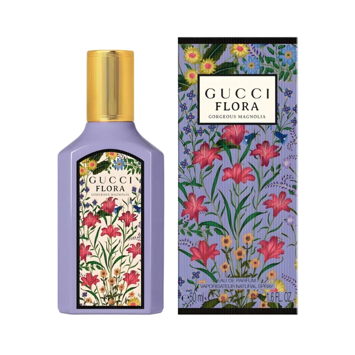 Refect Beauty Gucci Flora Gorgeous Magnolia perfume bottle and floral box featuring vibrant botanical illustrations.