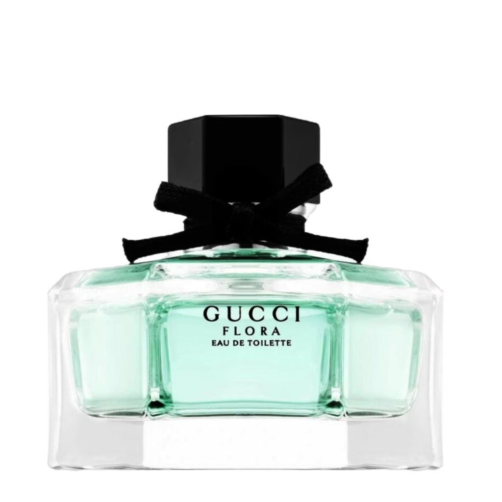 Refect Beauty Gucci Flora Eau de Toilette perfume bottle with a light green liquid and a black bow on the cap