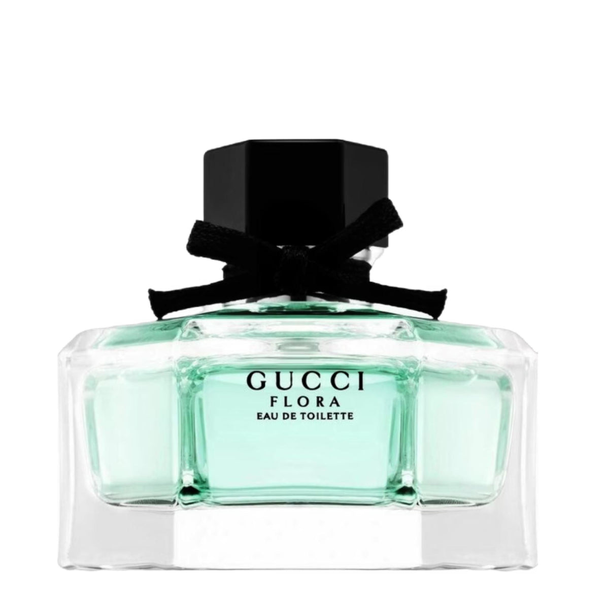 Refect Beauty Gucci Flora Eau de Toilette perfume bottle with a light green liquid and a black bow on the cap